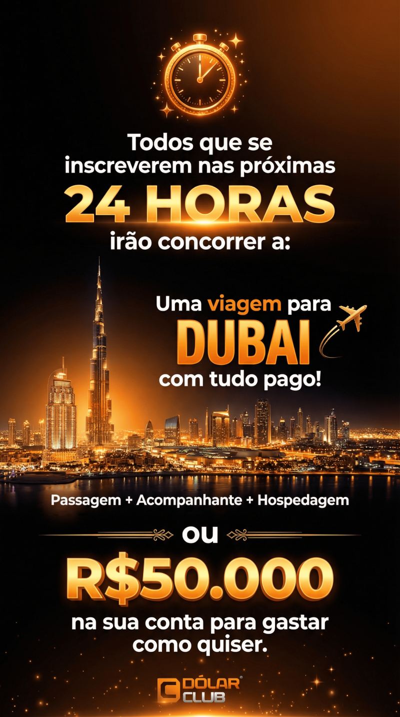 Todos que se inscreverem nas próximas 24 horas irão concorrer a uma viagem para Dubai com tudo pago — passagem, acompanhante e hospedagem — ou R$50.000 na sua conta para gastar como quiser.